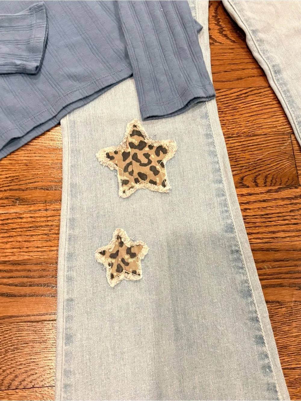 Girls Gap Shirt Light Wash Flare Jeans with Leopard Star Patches Outfit